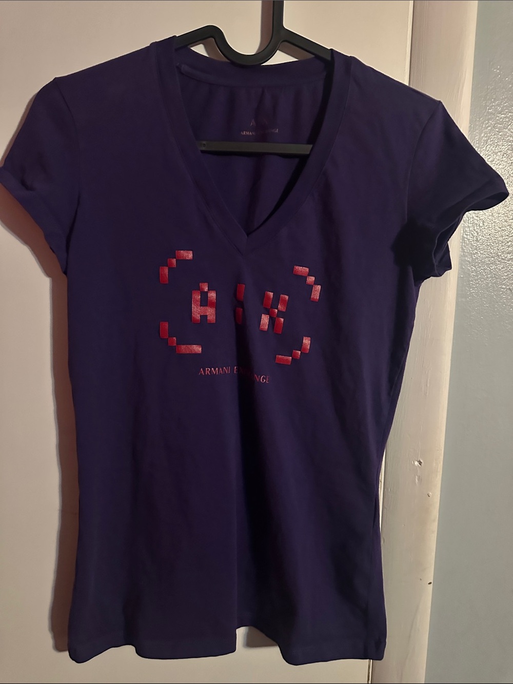 Armani Exchange Purple V-Neck Tee with Red Logo Accents